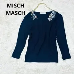 ミッシュマッシュ Vネック7分袖リブニット 花柄刺繍 ビジュー パール トップス