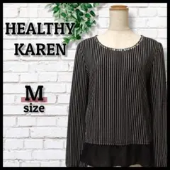 美品【ヘルシーカレン】ストライプ柄チュニック《M》黒 長袖 裾シフォン ビジューのサムネイル