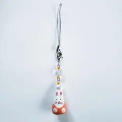 うさぎ　陶器ビーズ　ストラップ　チャーム オレンジ　橙色