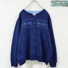 4XL相当　90s　US古着　カーディガン　フラワー　刺繍　ダサかわ　スウェット