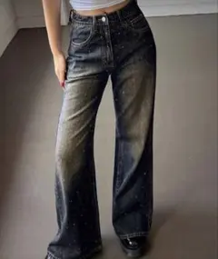 SHEIN シーイン ラインストーン フレアデニム ダークウォッシュ S