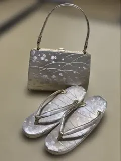 シルバー花柄和装履物とハンドバッグセット