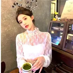 レース トップス シフォンブラウス 花柄 シースルー ホワイト XLサイズ