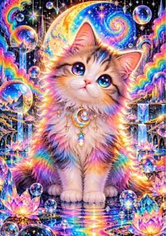 【匿名発送】幻想宇宙の子猫アート L判