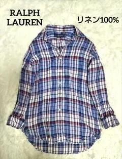 90sラルフローレン　マドラスチェック　ピュアリネン　ボタンダウン　シャツ　刺繍