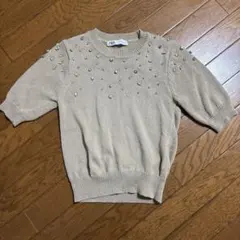 ZARA ベージュ ビーズ装飾 半袖ニット