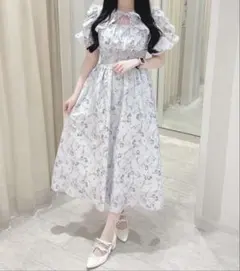 evelyn チューリップ柄ロングOP ブルー