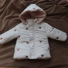 ホワイト クマ刺繍 フード付きダウンコート