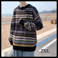 セーター ニット エスニック メンズ 黒 カジュアル オーバーサイズ