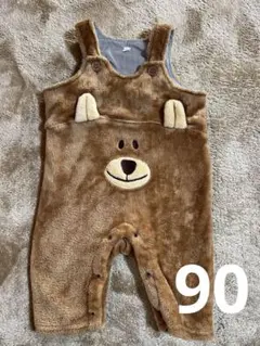 クマの顔刺繍付きフリース　ロンパース オーバーオール90