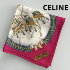 【美品】CELINE セリーヌ大判ハンカチ スカーフ ピンク系 白馬 馬車