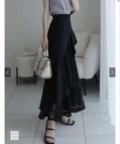 アシンメトリーフリルレースフレアスカート[nh197] ブラック