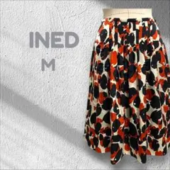 イネド INED ひざ丈スカート プリーツ ブラック フレア 総柄 M ドット