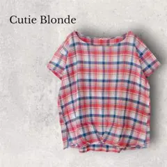 美品 キューティブロンド マドラスチェック柄シワ加工ブラウス M 半袖シャツ春夏のサムネイル