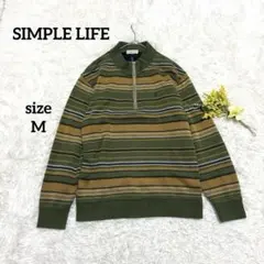 シンプルライフ メンズ トレーナー ボーダー ハーフジップ 裏起毛 グリーン M