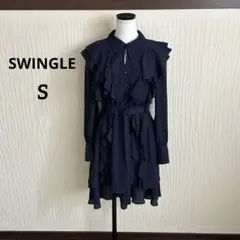 SWINGLE スウィングル フリルワンピース 膝丈　ネイビー 紺　S 長袖のサムネイル