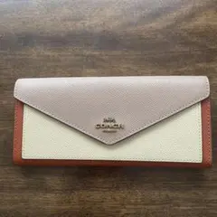 COACH レザー長財布 ベージュ/オフホワイト/オレンジ