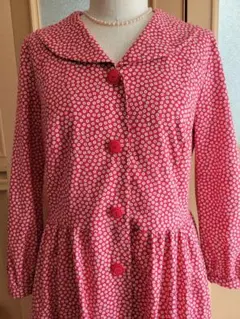 ＊ハンドメイド＊ショールカラーのロングワンピース＊レトロ可愛い＊赤×白の小花柄＊