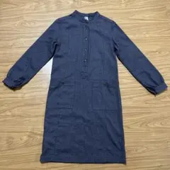 MHL.ウール ロングワンピース バンドカラー ネイビー 2