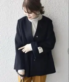 ships SUPER140ウール　キーネックショートコート　ブラック　36