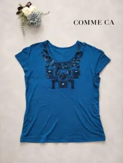 COMME CA コムサ ビジュー刺繍 半袖Tシャツ ブルー M カットソーのサムネイル