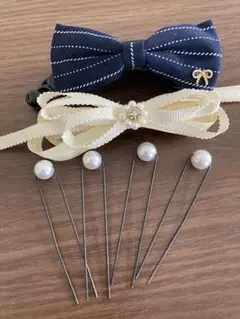 CLIP PARIS ネイビーリボンとパールヘアピンセット