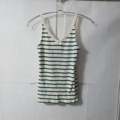 「即日発送」XS　ホワイト/グリーン ストライプ ノースリーブ トップス