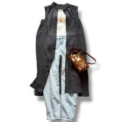 極美品◆アンタイトル ロングワンピース バンドカラー シアー 羽織り グレー 4