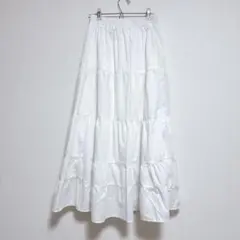 ホワイト フレアロングスカート【M相当】 無地 シンプル 白 レディース