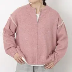 サマンサモスモス　かがりステッチZIPニットカーディガン　ピンク