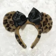 ディズニー　ミニー　ヒョウ柄　ふわふわ　もこもこ　黒リボン　カチューシャ