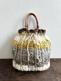 毛糸 手編みハンドバッグ ニットバッグ ハンドバッグ 巾着袋 巾着タイプ