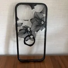 ブラック花柄iPhone15ケース リング付き