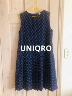 UNIQLO ノースリーブワンピース ドット柄 ネイビー L