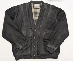 90s ヴィンテージ風 Vネックブルゾン ブラック チェック裏地 L