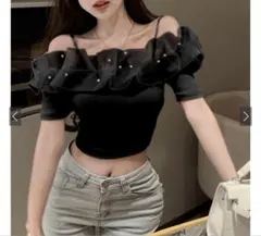 grl ks077 ビジューオーガンジーフリルオフショルダーリブトップス