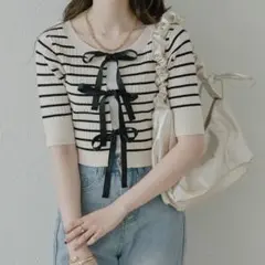 Ambre Neige 2wayストライプリボン付きクロップドニット