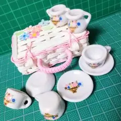 【新品】ドールハウスミニチュアティーセットハンドメイドバスケット（花束）