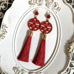 No.6188 チャイナ タッセル えんじ 中華 耳飾り 全長約9.5cm