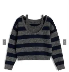 ネイビー グレー ストライプ クロップドニット