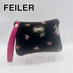 極美品 FEILER フェイラー シュニール織 花柄 ファスナー ポーチブラック