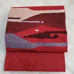 赤い名古屋帯 抽象模様、織物、