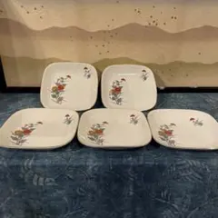 深川製磁　角皿五枚セット菊の花　色絵　レトロ