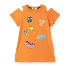 新品未使用 140cm エックスガールステージス ロゴ肩あきワンピース オレンジ