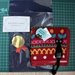 Atsuko Matano ハンカチ 黒猫 花柄 アップリケ 刺繍　包装有