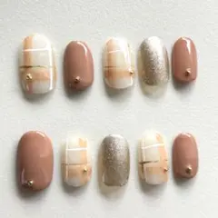 【No.71】ジェルネイルチップ　チェックネイル　秋ネイル　オレンジベージュ