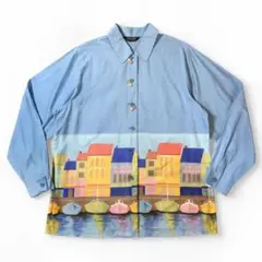90s 港町風景 水彩アートシャツ 綿100 ゆる 一点物 古着 装飾ボタン