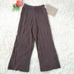 j053　GRL✨リブワイドパンツ ブラウン M ウエストゴム 楽ちん 　茶系