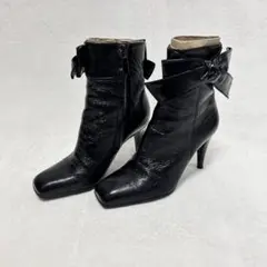 セルジオロッシ リボン スクエアトゥ ショートブーツ 34 1/2 ブラック
