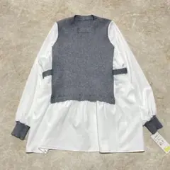 未使用品＊FACE ニットドッキングブラウス グレー×ホワイト M-L